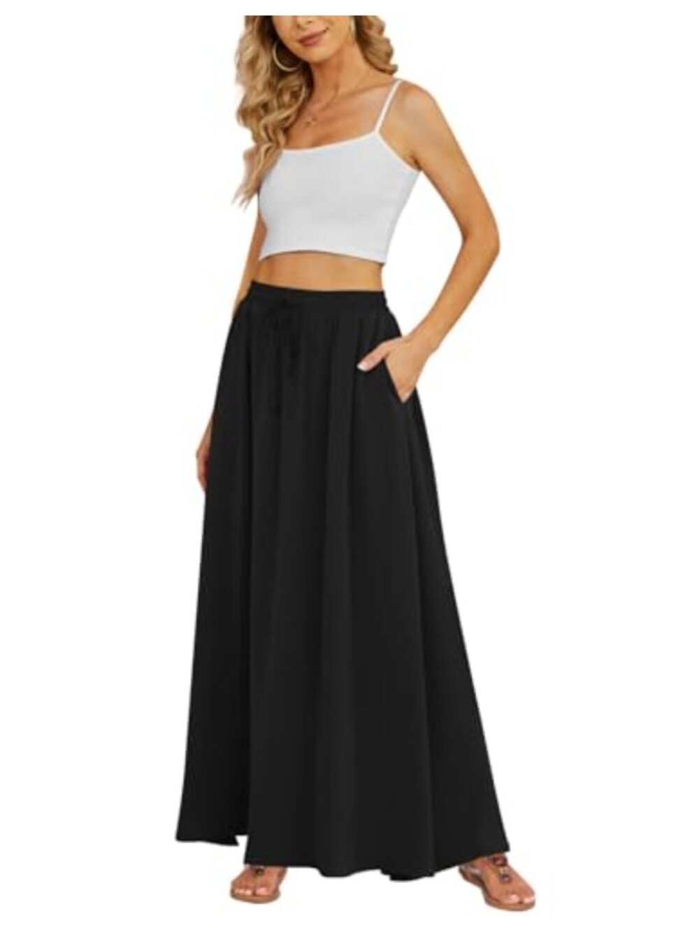 High Waisted Pleated Chiffon Maxi Skirt with Pockets Flowy Summer Long Skirt